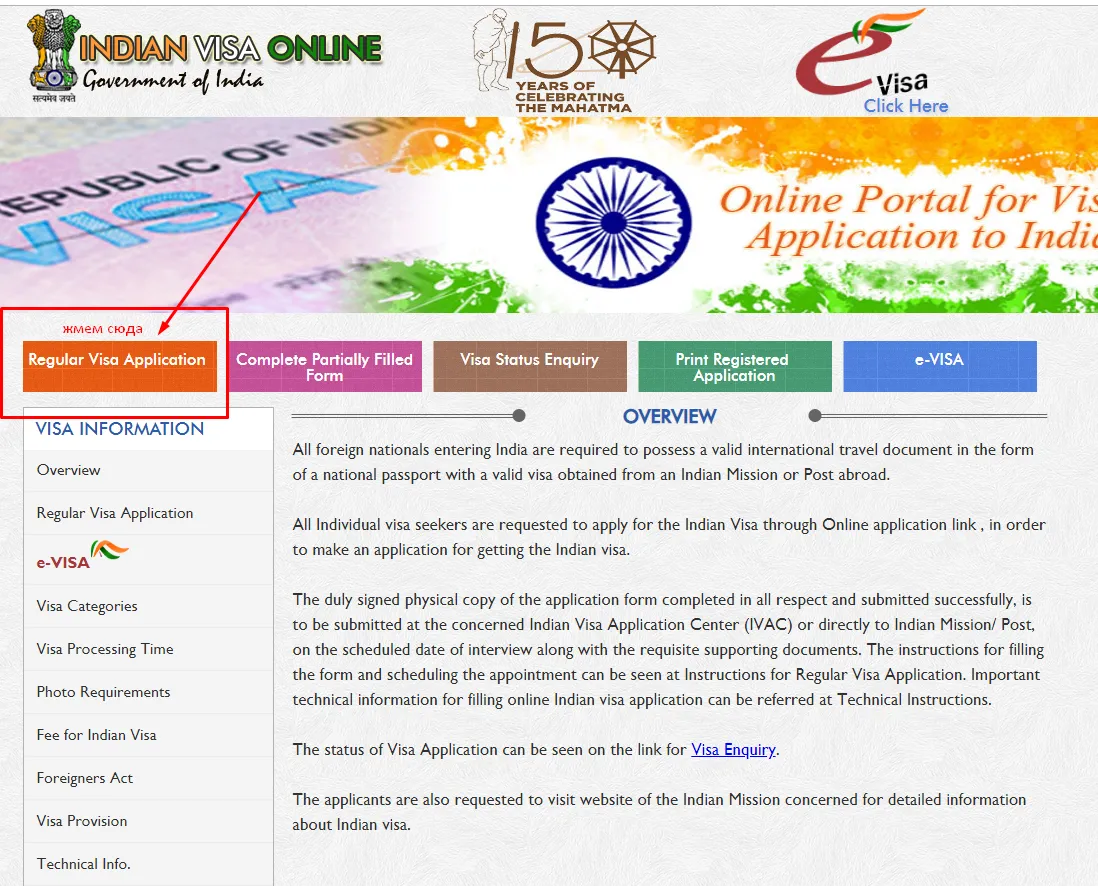 Заполнение визы в Индию шаг 1